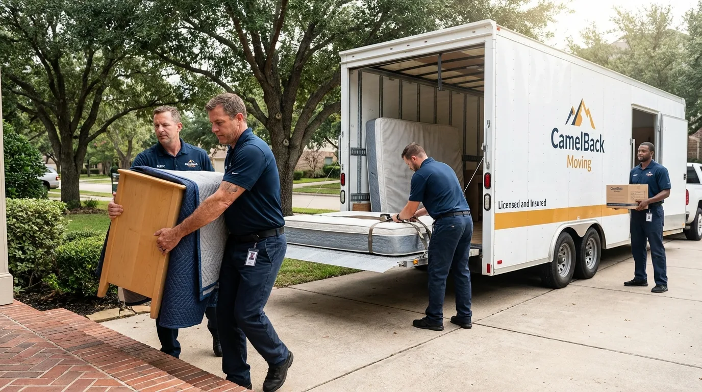Crew loading residential truck for cross-state move from Forest City, IA