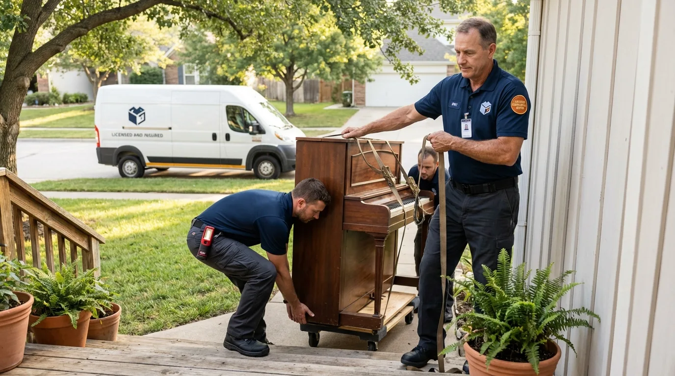 Licensed piano movers securing grand piano in Forest City, IA