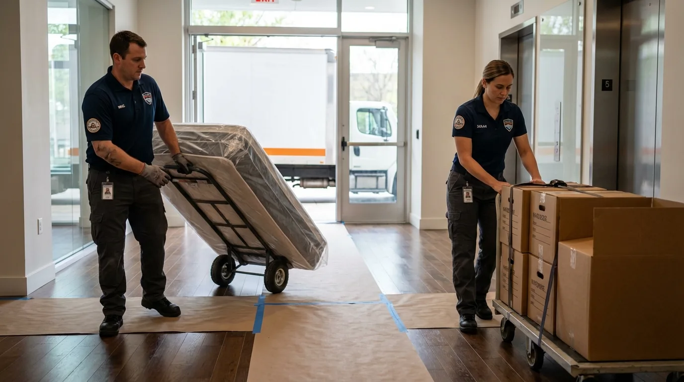 Professional apartment movers loading elevator in Forest City, IA