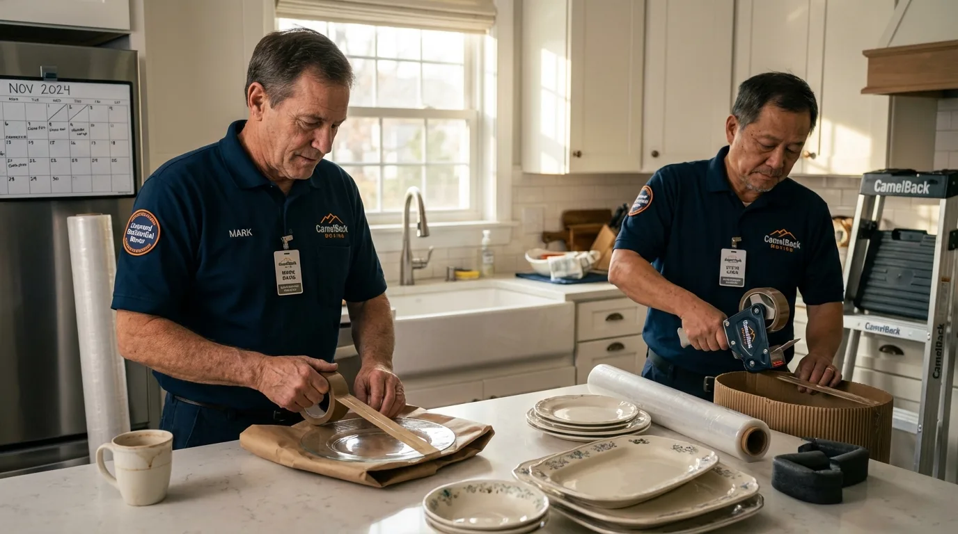 Professional crew packing kitchen dishware in Forest City, IA